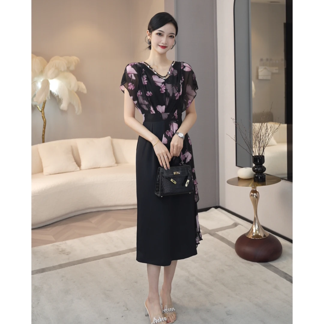现货2025夏季新款【LT-X438】时尚优雅蝴蝶印花修身显瘦气质裙子