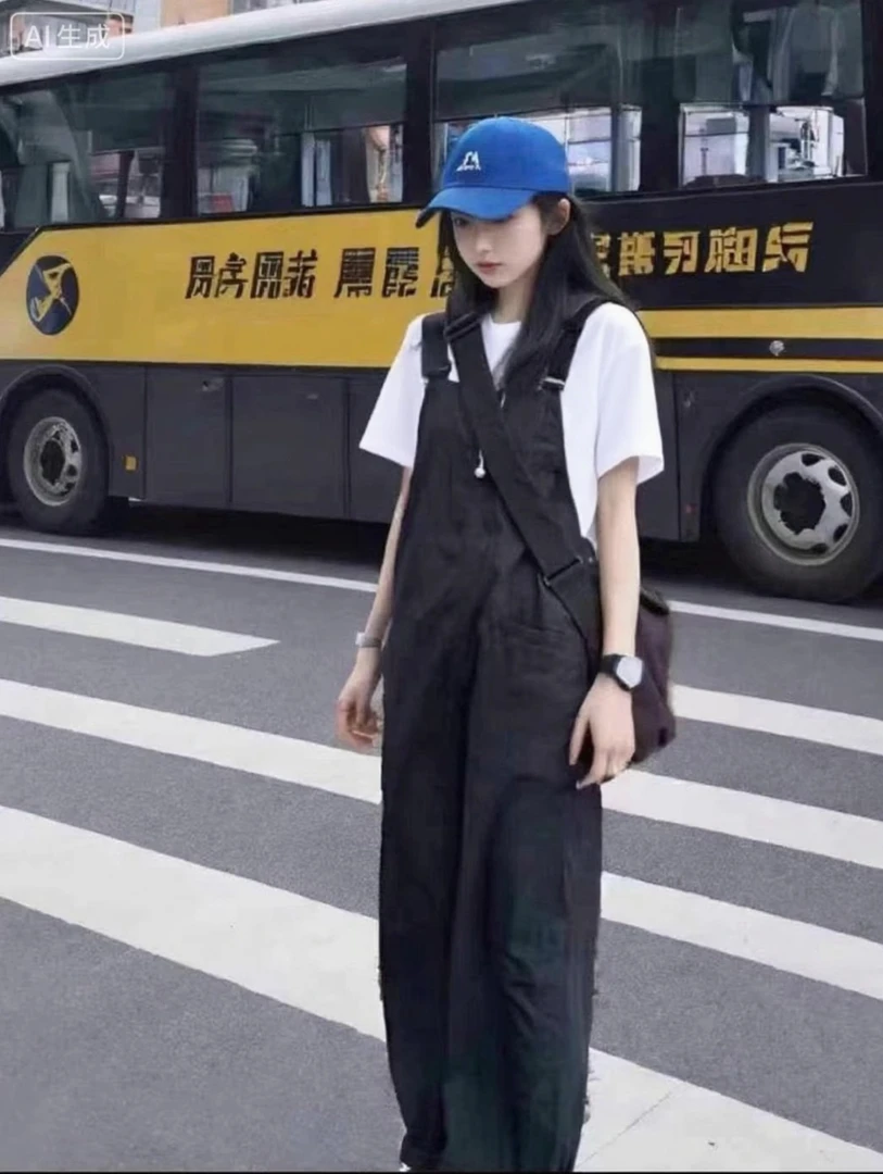 春夏日系休闲工装口袋背带裤直筒长裤女宽松减龄显瘦阔腿连体衣裤