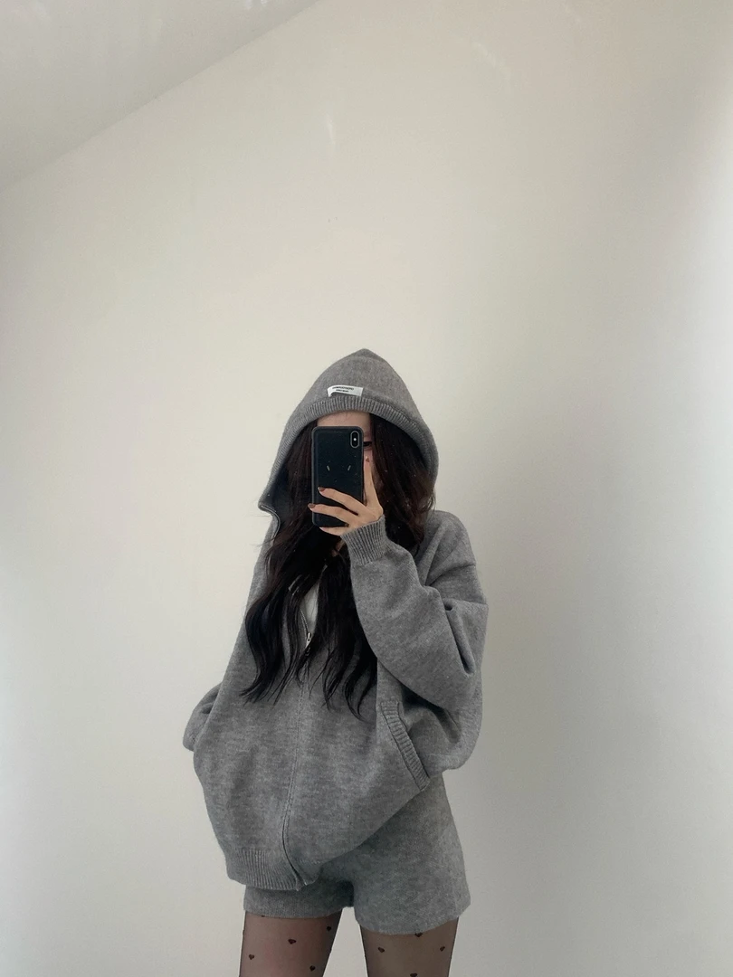 WANONEONE 连帽毛衣套装女宽松显瘦慵懒风针织开衫外套短裤两件套
