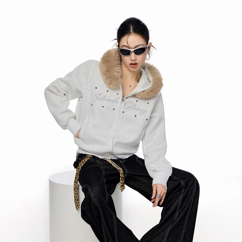 ICH MODE 美式珍珠毛领卫衣外套女2025新款早秋短款修身开衫上衣