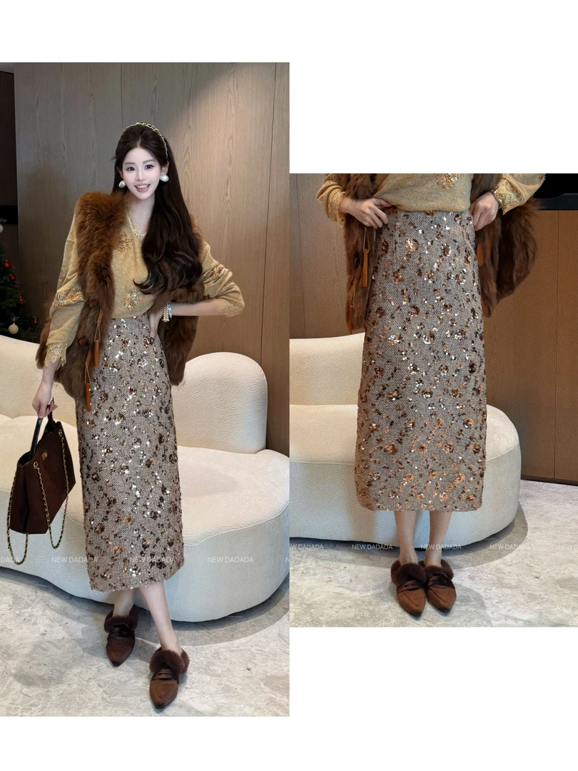 利达 NEW DADADA 秋冬贵气半身裙闪片装饰高腰中长款半裙QEM3853