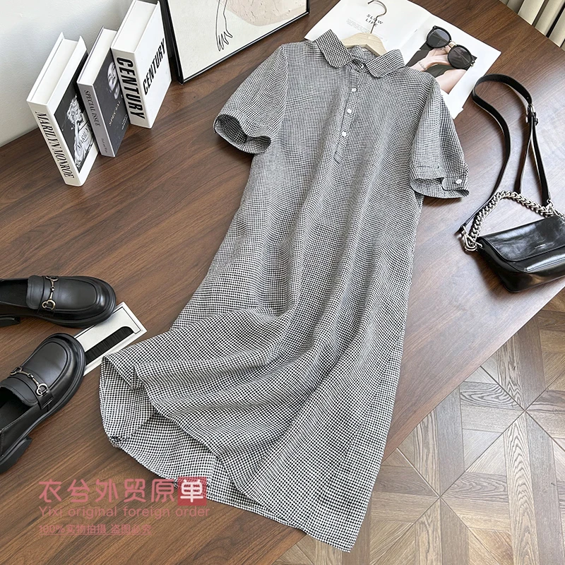 （亚麻格纹连衣裙）夏季日系风娃娃领宽松减龄中长款连衣裙W
