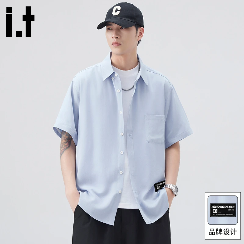 it:CHOCOOLATE冰丝短袖衬衫男士夏季薄款潮牌美式休闲T恤宽松衬衣