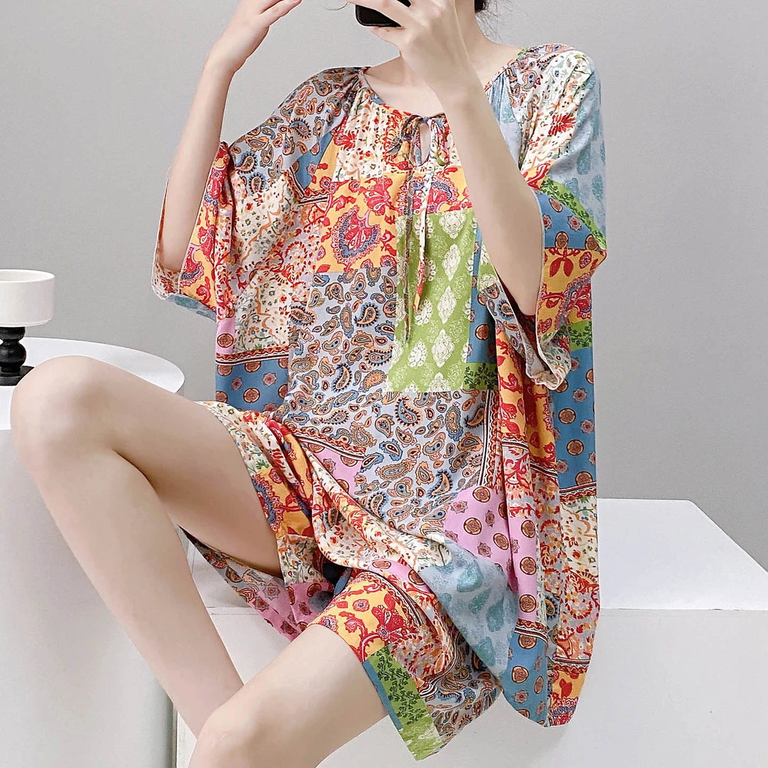 民族风短袖女士睡衣夏季薄款棉绸宽松家居服套装休闲套装薄
