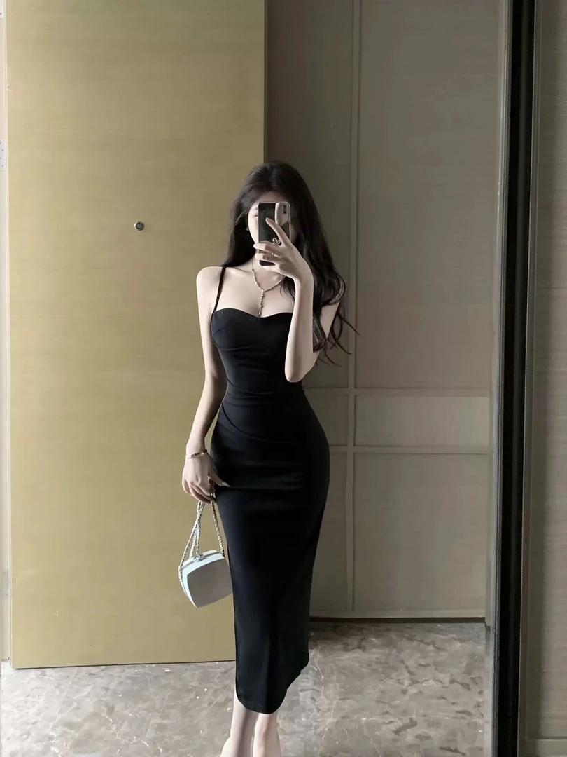 夏季吊带连衣裙百搭裙修身显瘦高腰开叉连衣裙收腰长裙女