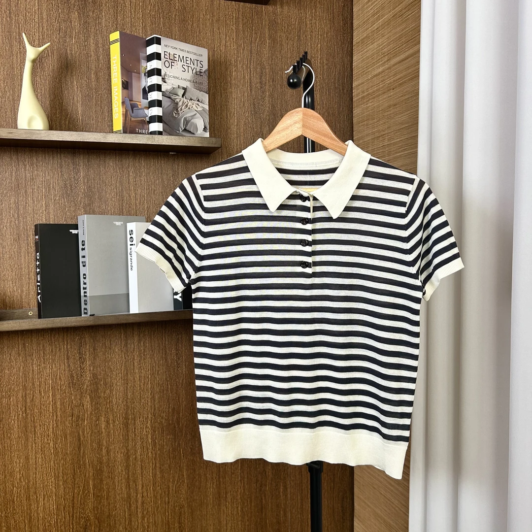 Diana-Tamara陈想 【墨线诗行】 桑蚕丝混纺条纹polo衫 CX25TS1009