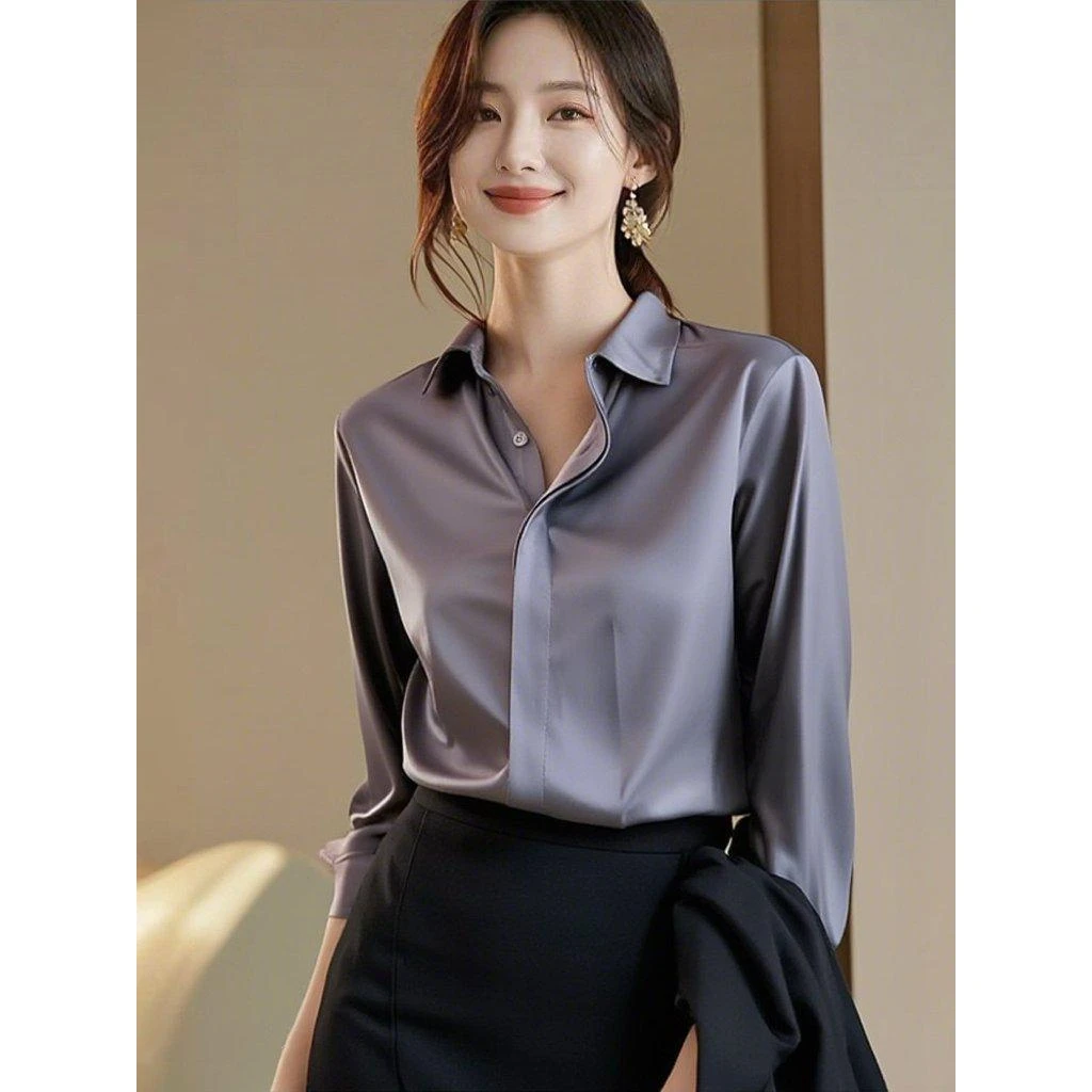 SS1980缎面衬衫女2025秋新款纯色衬衣宽松女士衬衫上衣半裙两件套