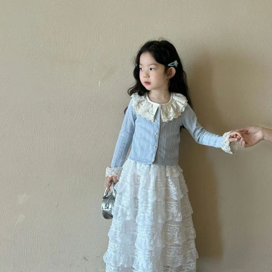 女童春装套装裙2025新款洋气儿童开衫外套花边长裙两件套宝宝春季