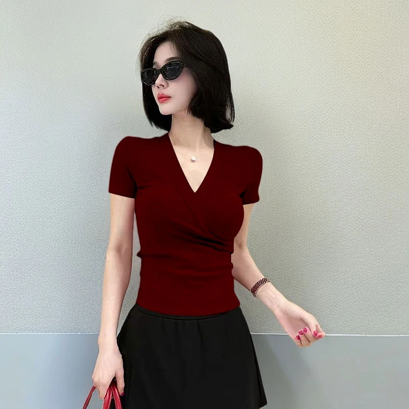 2025夏季新款正肩T恤设计感气质V领短袖纯色褶皱性感紧身上衣潮流