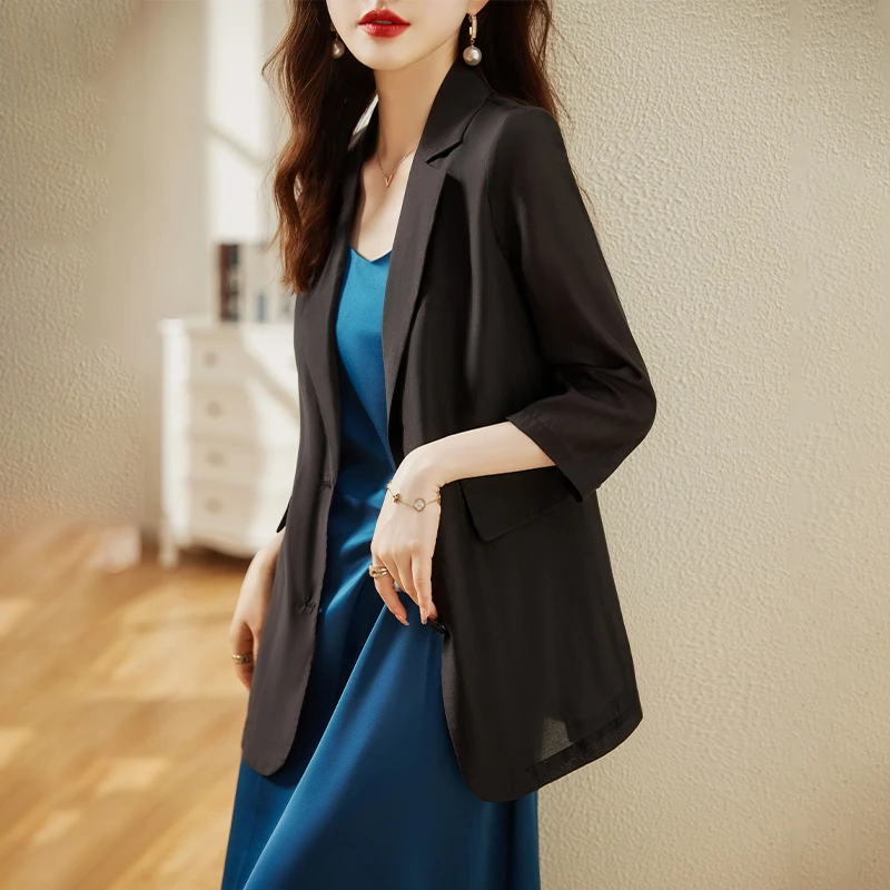 黑色小西装外套女夏季薄款开衫2025新款夏天冰丝大码天丝西服