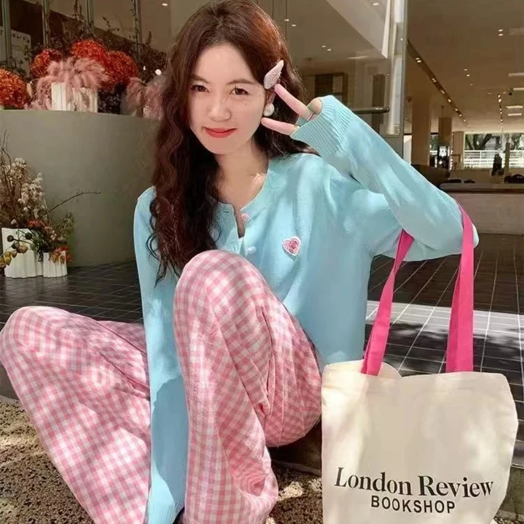 裤子时尚套装时尚棋盘格薄款针织开衫百搭套装ins长裤格子-6300