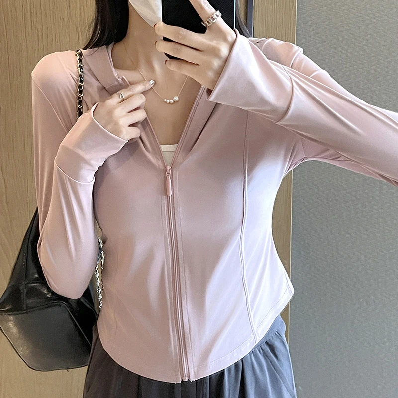 冰丝连帽防晒衣女款2025新款夏季薄款外套紧身健身运动瑜伽服上衣