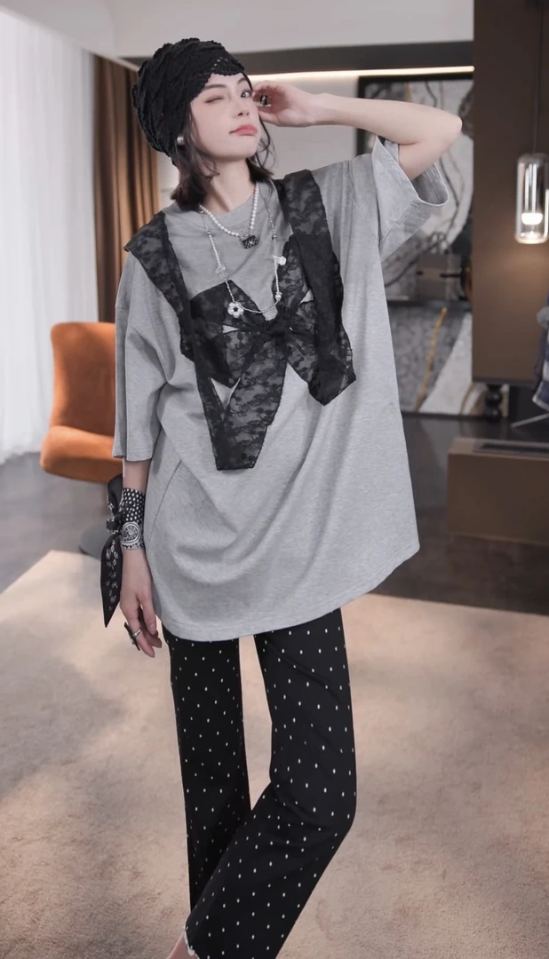 BANINGNA-2025欧货夏季拼接蝴蝶结蕾丝慵懒宽松大版短袖T恤60020