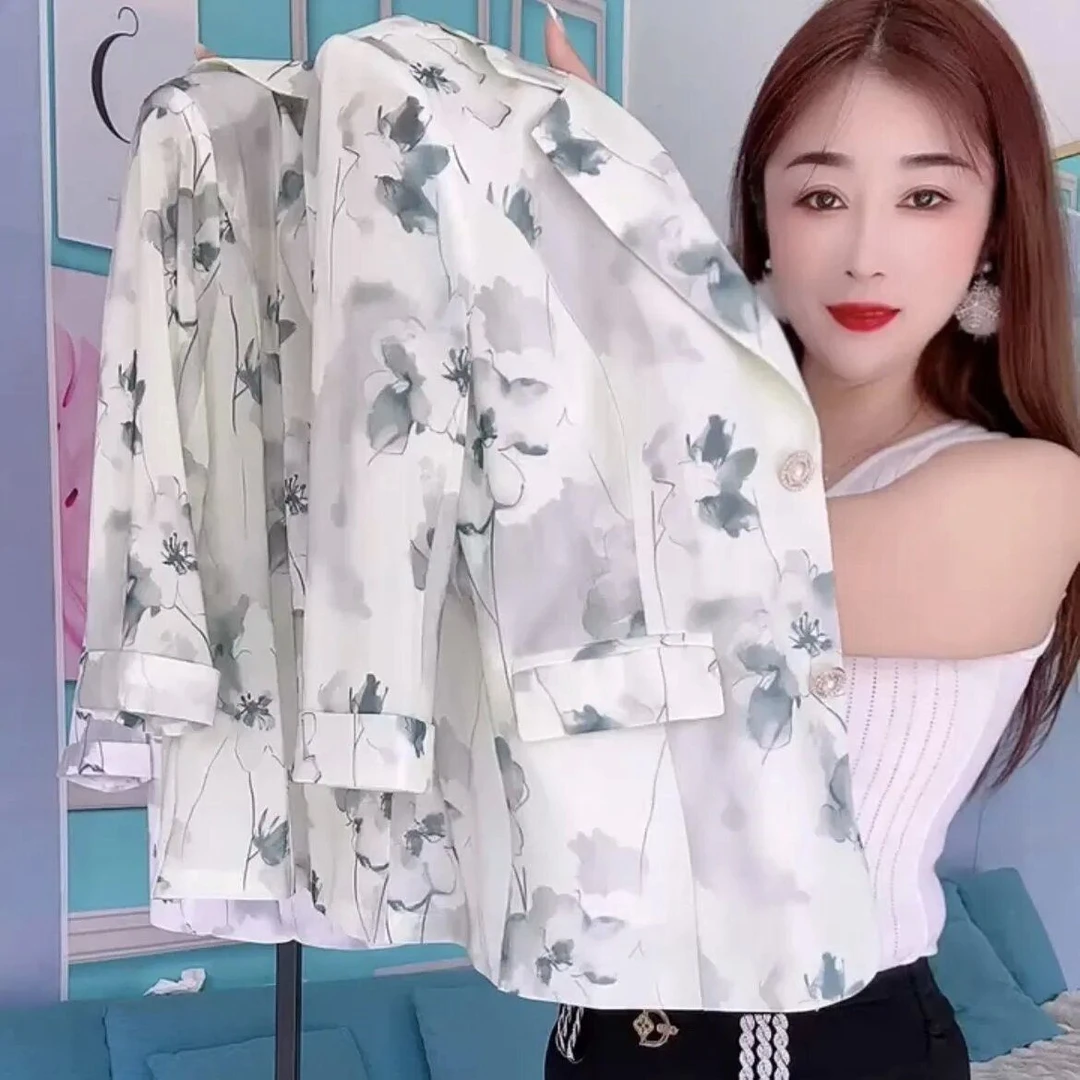 时尚高档小清新防晒网纱西装外套2025新款七分袖印花气质西服上衣