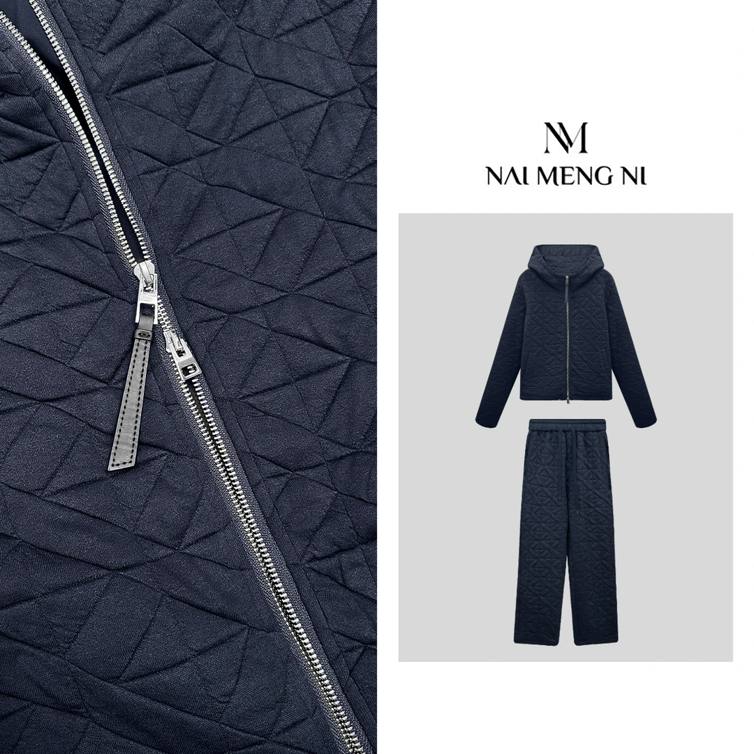 【齐齐】【白鲸记忆】菱格加厚舒适休闲连帽宽松秋冬套装 26N1521