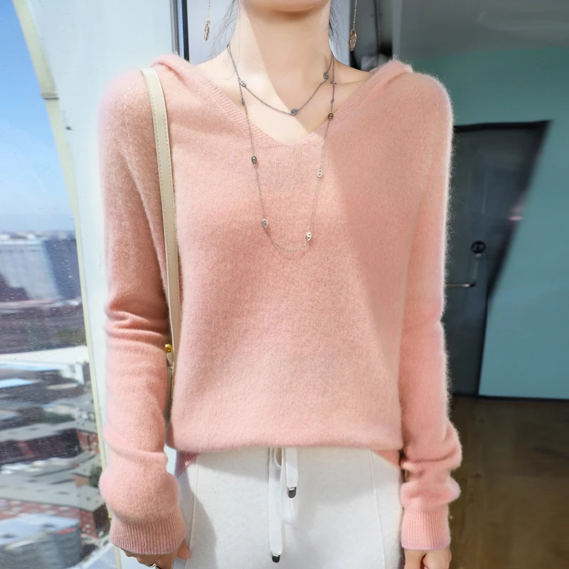 一线成衣纯羊毛帽衫女套头纯色毛衣 宽松休闲大码针织打底衫N-433