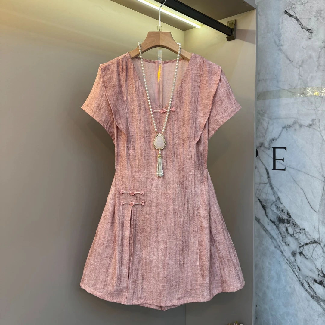 2025新中式国风复古净版v领单开叉盘扣老钱风东方美学两件套8961