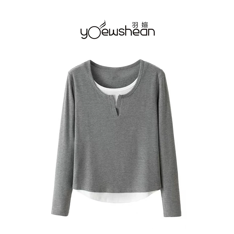 yoewshean/羽媗秋装女款爆款2025新款假两件V领长袖t恤女显瘦上衣