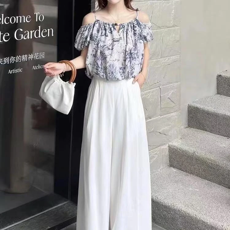 碎花一字肩吊带上衣休闲裤两件套25117.03337.(裤长98)