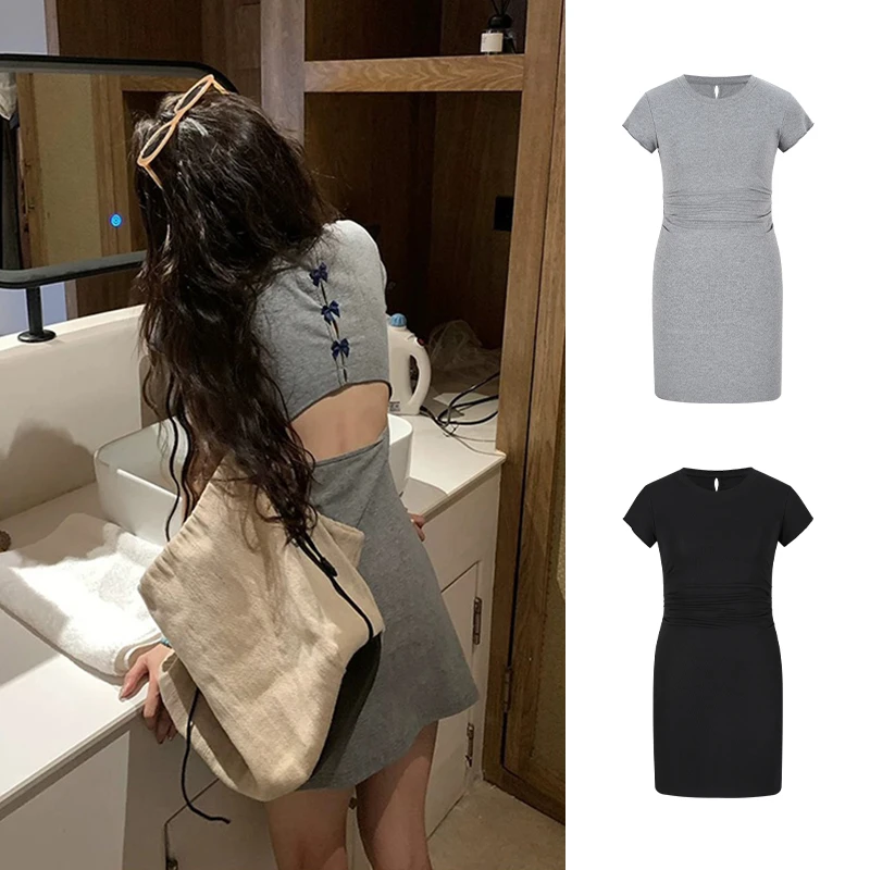 Moses Queen/魔西女王小蝴蝶结露背短袖连衣裙心机小众a字短裙