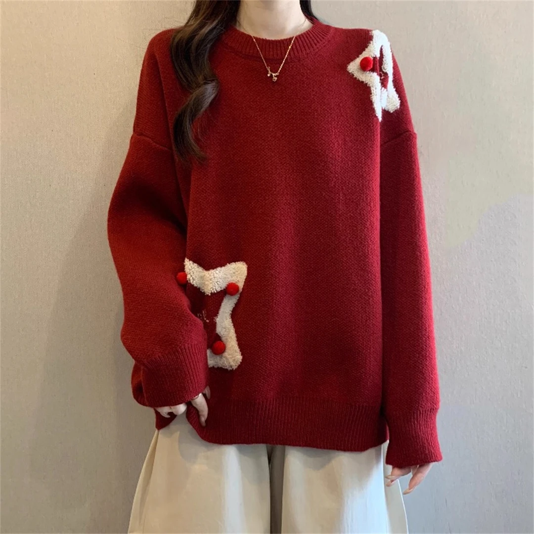 新年红色星星正肩针织衫女秋冬新款大码胖MM宽松百搭减龄内搭毛衣