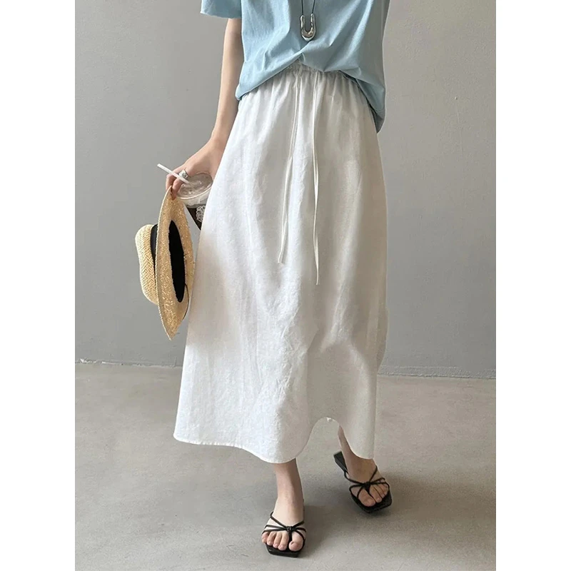 文艺松紧抽绳薄款透气休闲宽松半身裙 明珠 PX1-6606