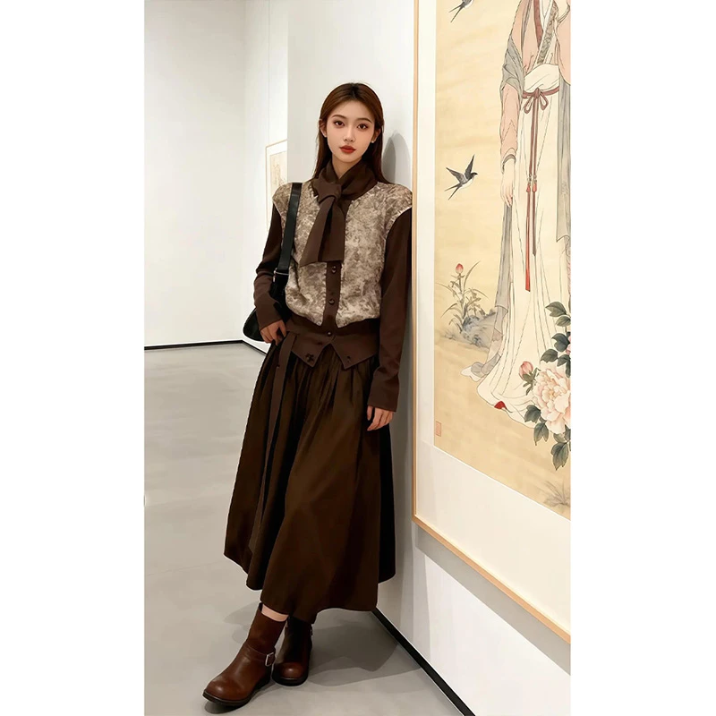 韩版时尚撞色毛绒长袖针织外套女收腰显瘦半身裙套装