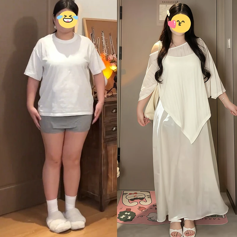 夏季新款大码胖mm温柔气质漏肩镂空针织衫罩衫加吊带裙叠穿两件套