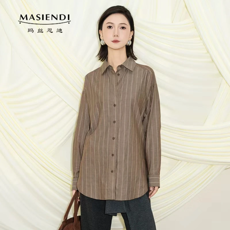 MASIENDI/玛丝恩迪秋季中长宽松撞色条纹时尚长袖衬衣330206