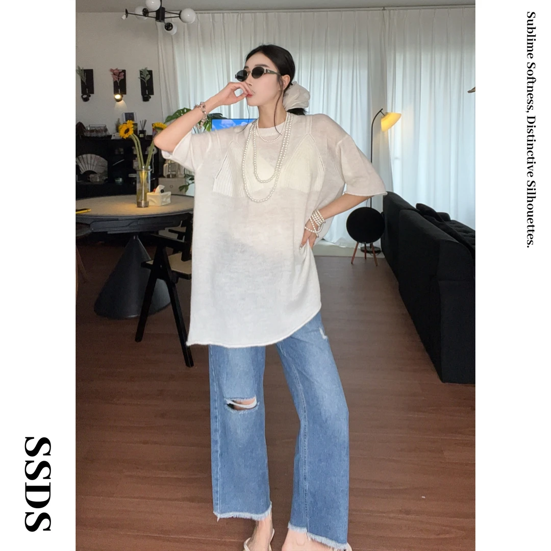 SSDS早秋透气微透吊带羊毛针织短袖T恤衫宽松大版休闲百搭上衣女