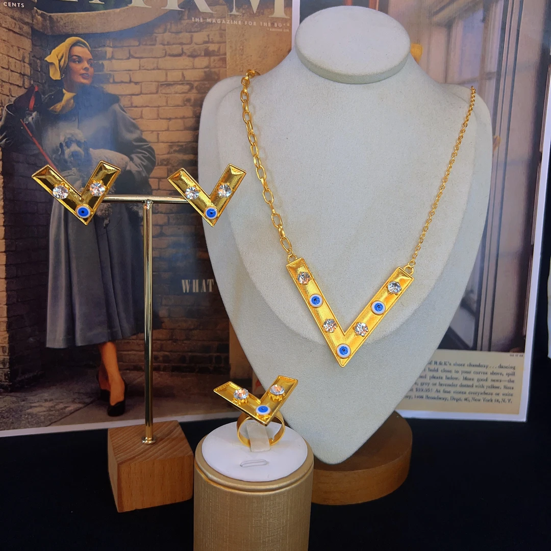 铜合金仿水晶项链 哈尼西牧时尚百搭华丽三件套#0007971