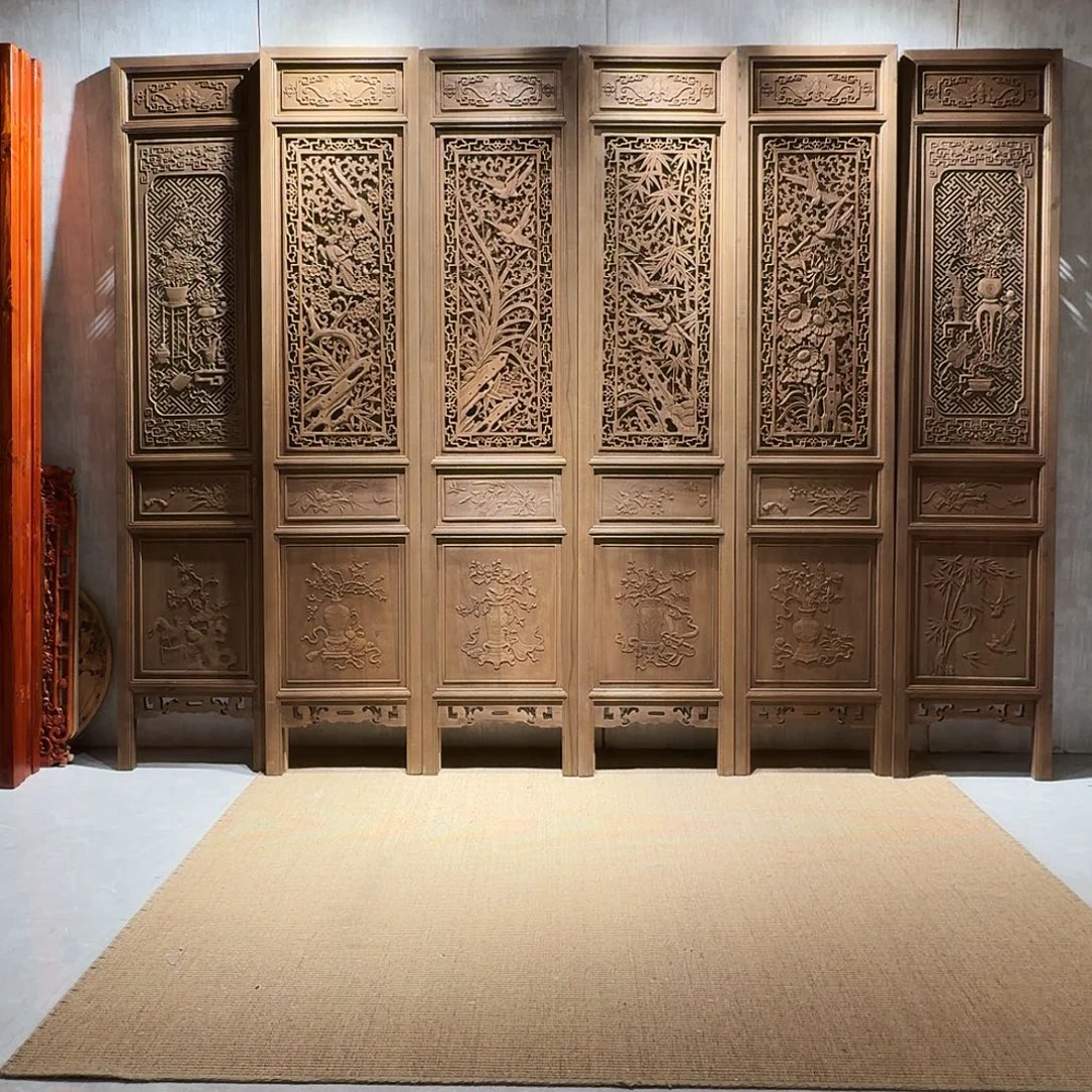 春***媚银木（非红木类）梅兰竹菊配博古花瓶总共6片华丽色偏浅