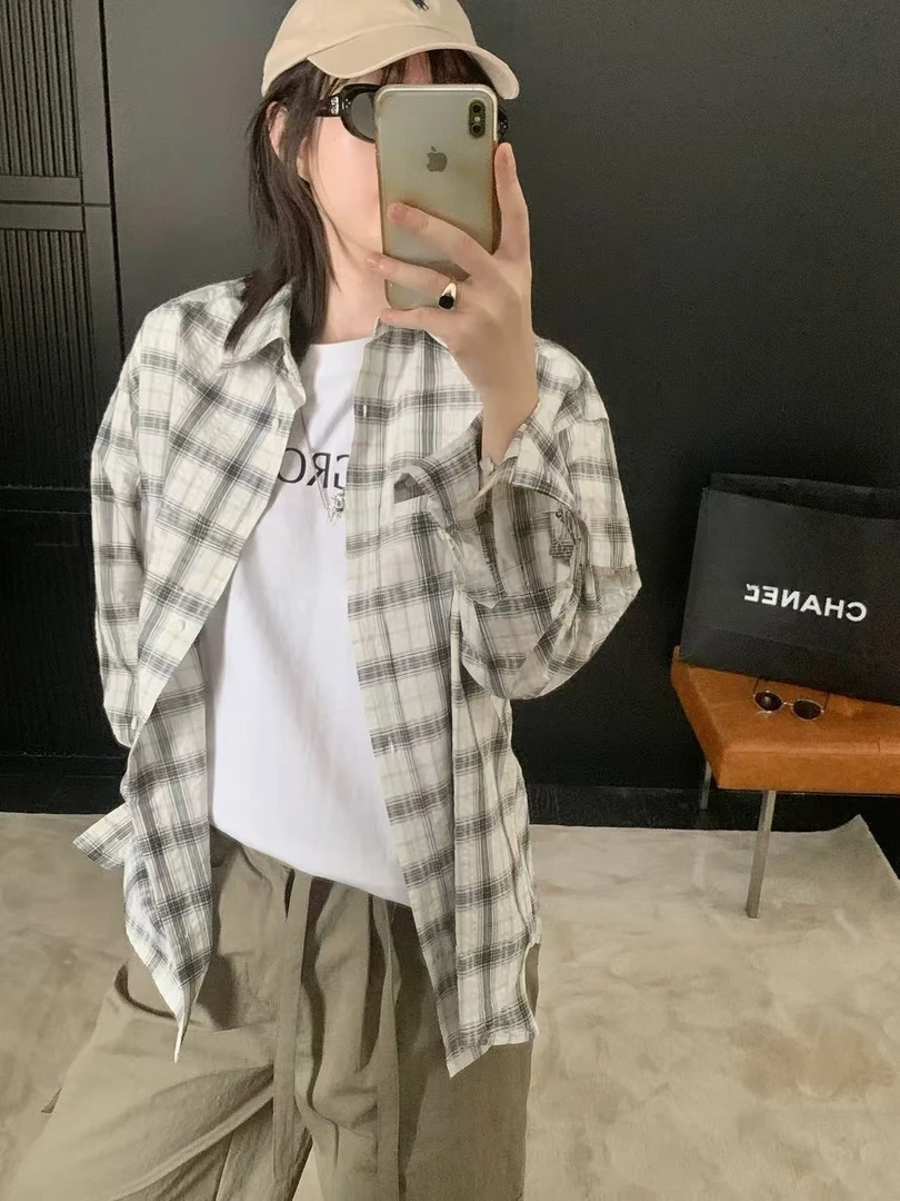 衬衫长袖休闲风秋季新款纯棉格子衬衫常规格子宽松时尚百搭上衣女
