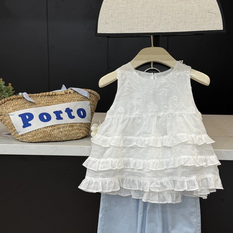 【现货】leomama女童纯色娃娃衫夏款儿童多层蛋糕边无袖衬衫上衣