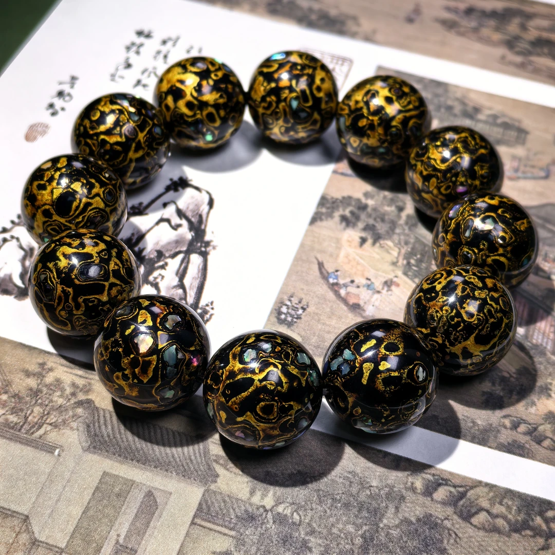 黑金玄珀1.8*12螺钿大漆珠文玩手串
