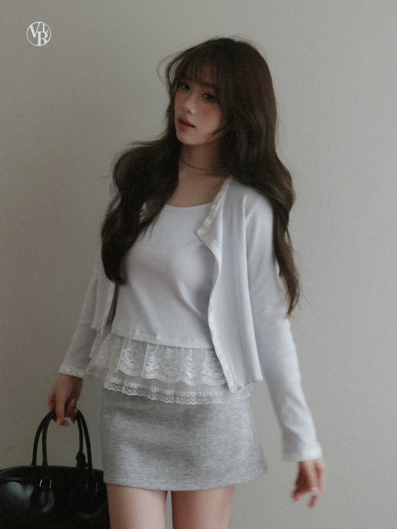 vuillard少女感设计师蕾丝时尚气质修身短款吊带开衫套装上衣