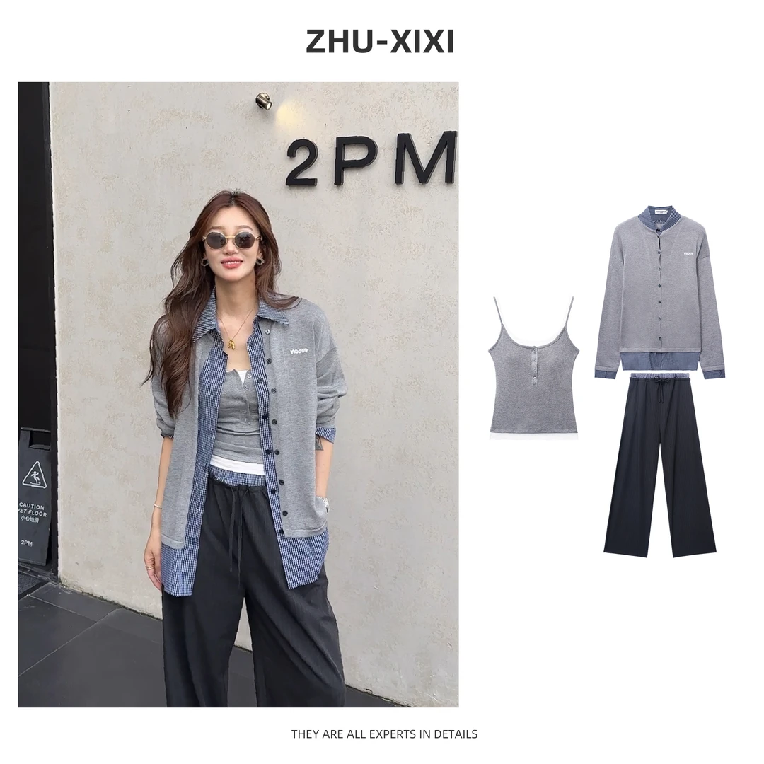 祝喜喜【韩韩欧尼】早秋针织长袖毛针织开衫拼接格子设计师款