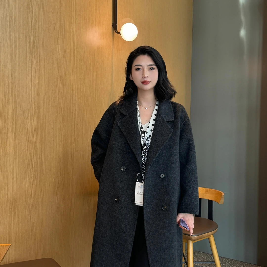 西西里2025秋冬双面绵羊毛大衣女中长款宽松小个子毛呢西装领外套