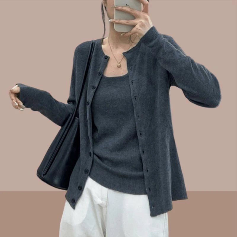 香朵儿纯色简约百搭针织开衫背心两件套2025春秋新款女士气质上衣