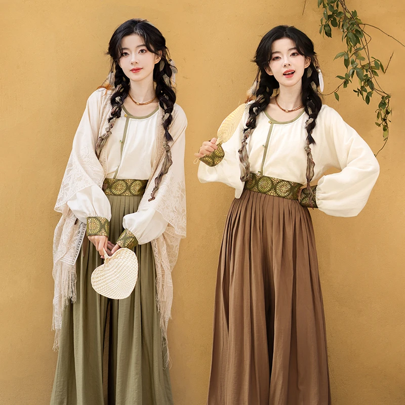 池夏【中国符号:驼铃】唐圆领衫人棉百褶灯笼裤原创改良汉服女 春