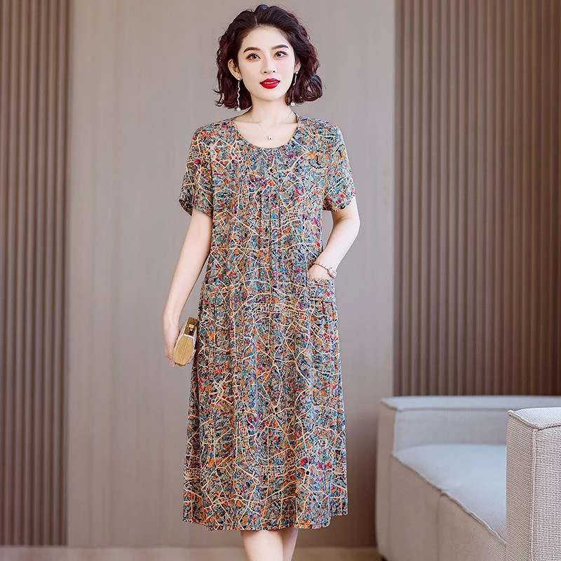 2025年新款印花纯棉绸连衣裙夏季大码睡裙中年高端气质妈妈有口袋