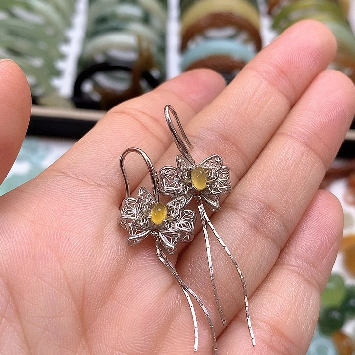 蛇纹石玉耳环银S925镶嵌嬴*里