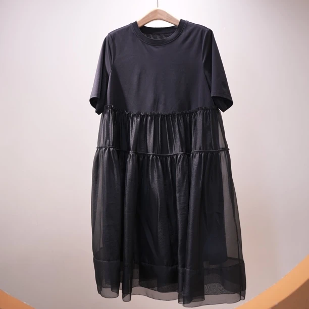 一席之地2025夏季商场同款宽松优雅气质黑色拼纱时尚连衣裙