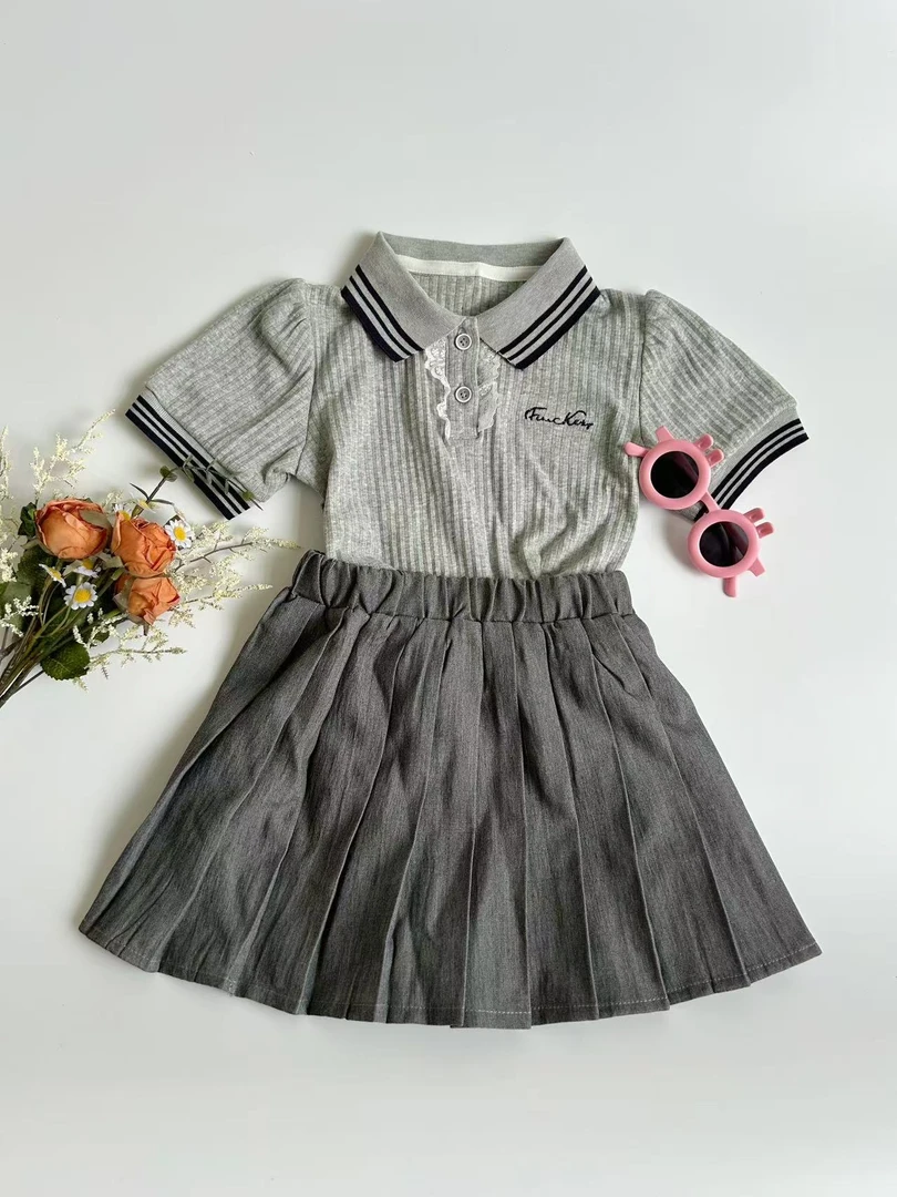 韩版女童夏季学院风薄款百褶儿童纯色套裙休闲时尚灰色百搭套裙