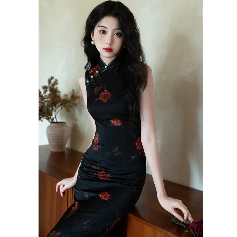 新中式黑色旗袍女中国风港风高级感小众复古时尚显瘦日常走秀演出