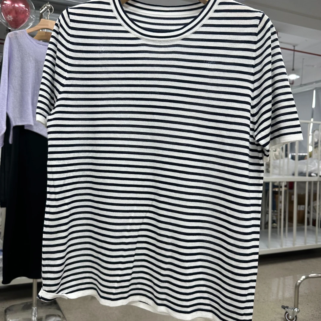 北方鹿 夏季新款2025百搭时尚经典条纹圆领短袖针织衫W9357