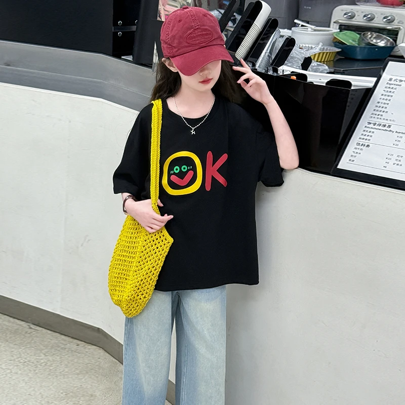 女童卡通OK短袖t恤夏装2025新款中大童韩版宽松半袖上衣潮酷百搭