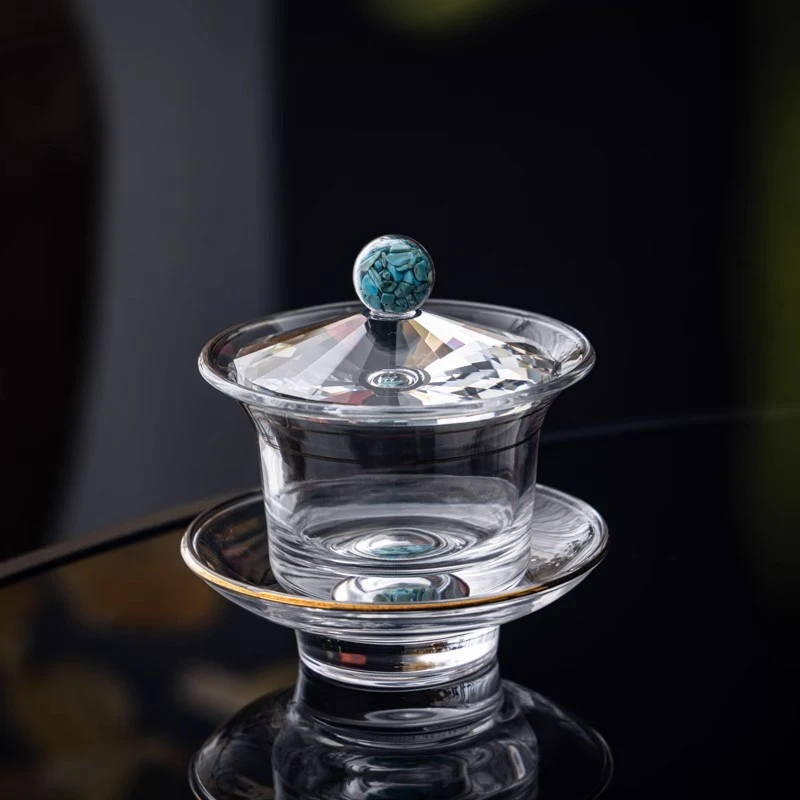 水晶绿松石三才盖碗家用功夫茶具泡茶器具网红款办公泡茶复古茶具
