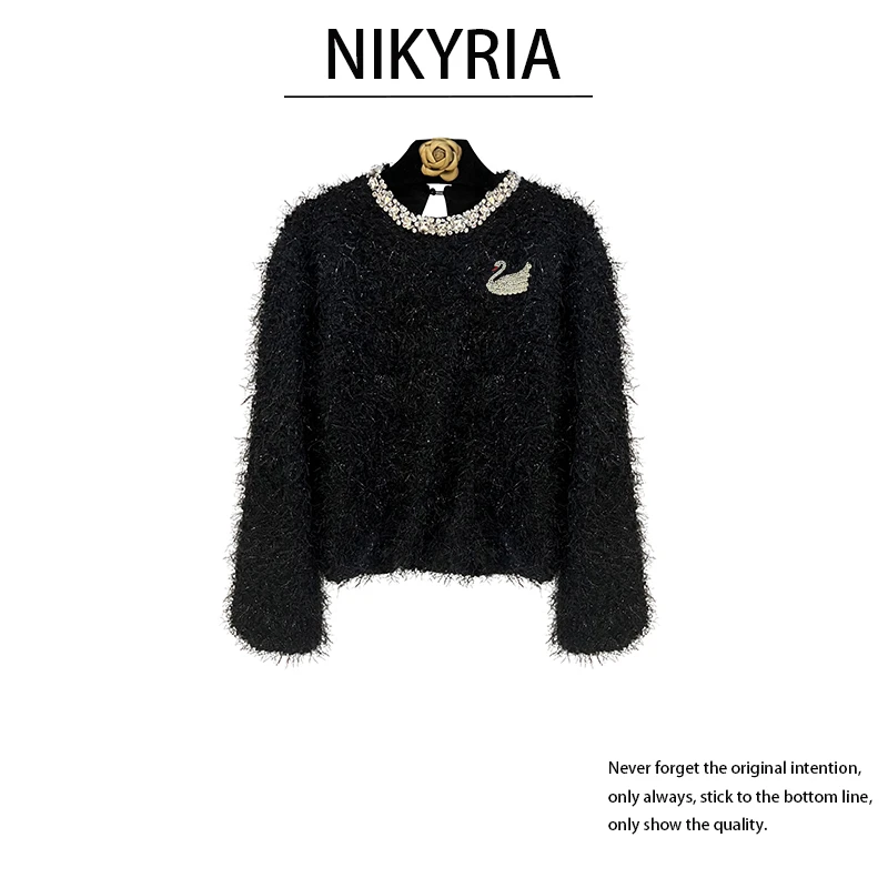 【‌黑天鹅】带胸针加绒镶钻慵懒风短外套秋冬季女上衣长袖亮片小衫