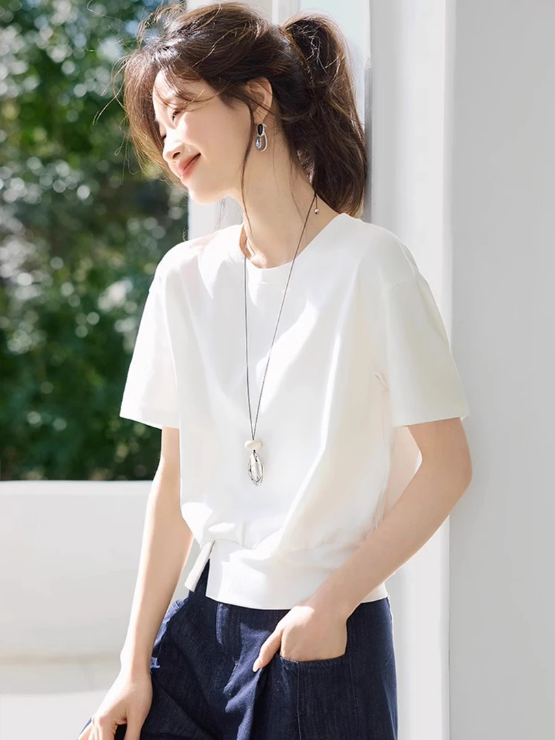 休闲百搭设计感下摆开叉装饰扣短袖T恤夏季白色简约通勤风上衣女